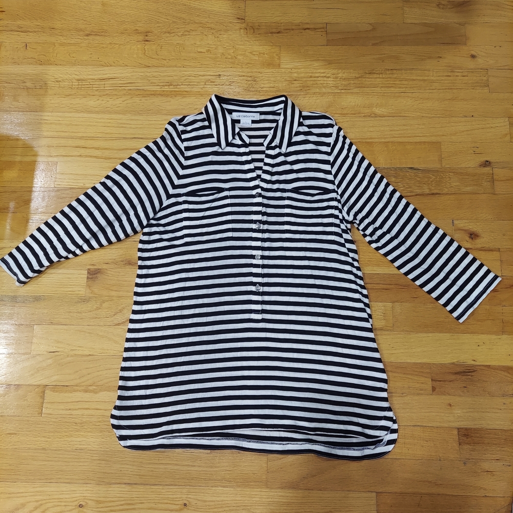 PRE-LOVED Liz Claiborne Collared Shirt Blouse 3/4 Sleeve Black & White (Size: L)